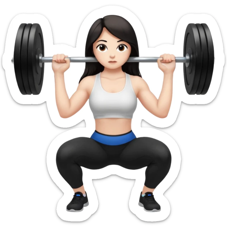 Девушка белокожая, с длинными темными волосами, в одежде для йоги - черные лосины, белый топ, делает присед со штангой 100 килограмм на плечах, правильные пропорции тела, только человек, весь эмодзи это вид в профиль sticker