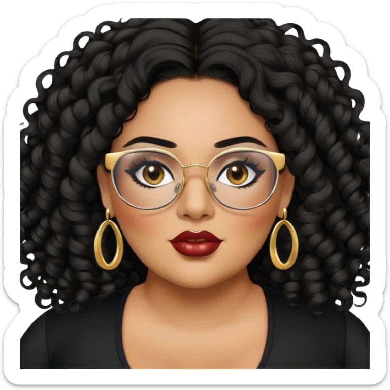 big plus size, latina, darker tan skin, long black curly hair, baddie,pretty, makeup, lipliner, black eyeliner, long hair, gold earrings, black top, glasses sticker