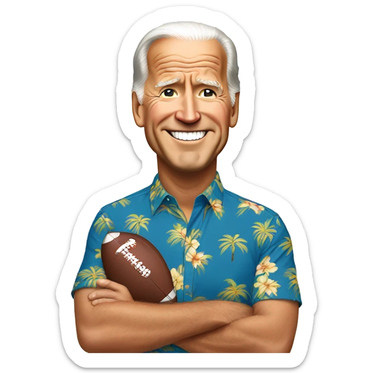 Joe Biden wearing a football helmet and a Hawaiian shirt sticker