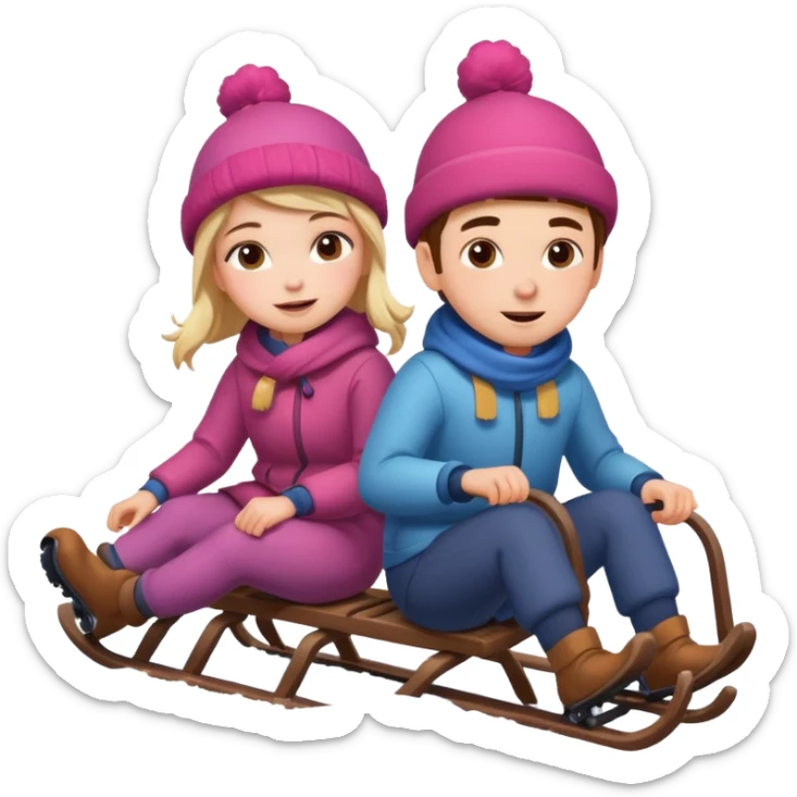 sledge surrounded with snow with boy and girl on top of it riding sticker