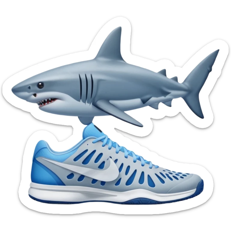 shark at the seaside, blue Nike tennis shoes on its fins sticker