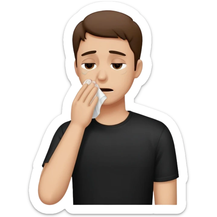 A man in a black t-shirt crying and wiping tears with a tissue sticker