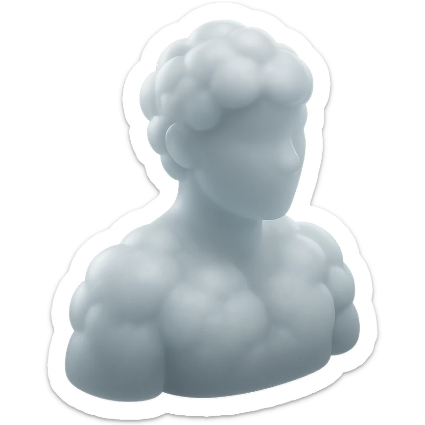 shoulder-up person fully made of white fluffy convex clouds, matte glass style sticker