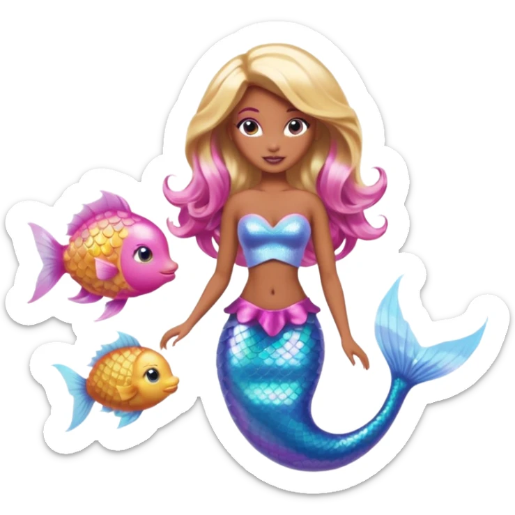 Brown skin blonde hair barbie mermaid with holographic tail and pink hair with pufferfish sticker