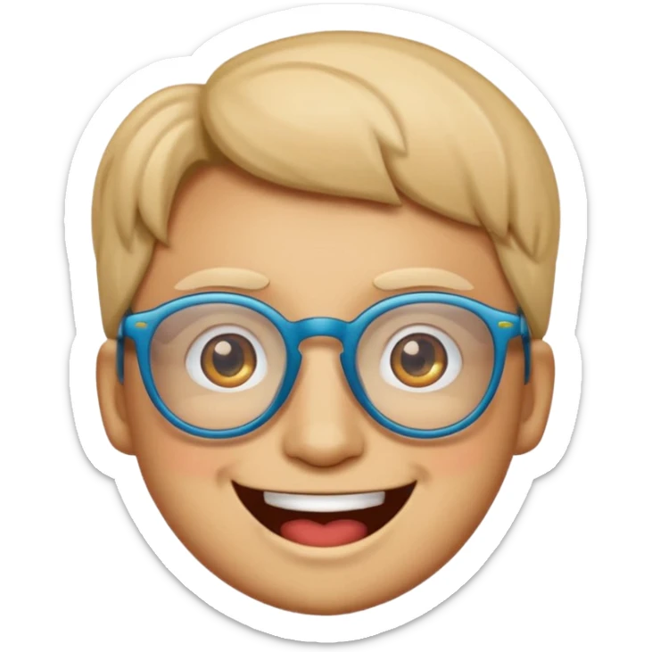 cartoon emoji sticker with a smiling face wearing glasses, colorful and cheerful, no text, suitable for WhatsApp and Instagram sticker