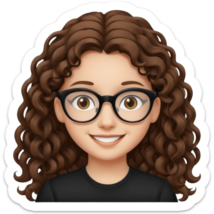 white teen girl with long brown curls, hazel eyes, and black frame glasses sticker