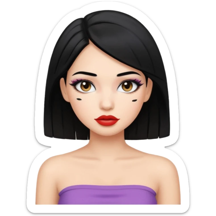 Girl with straight black hair and full face make up with lipliner wearing a tube top sticker