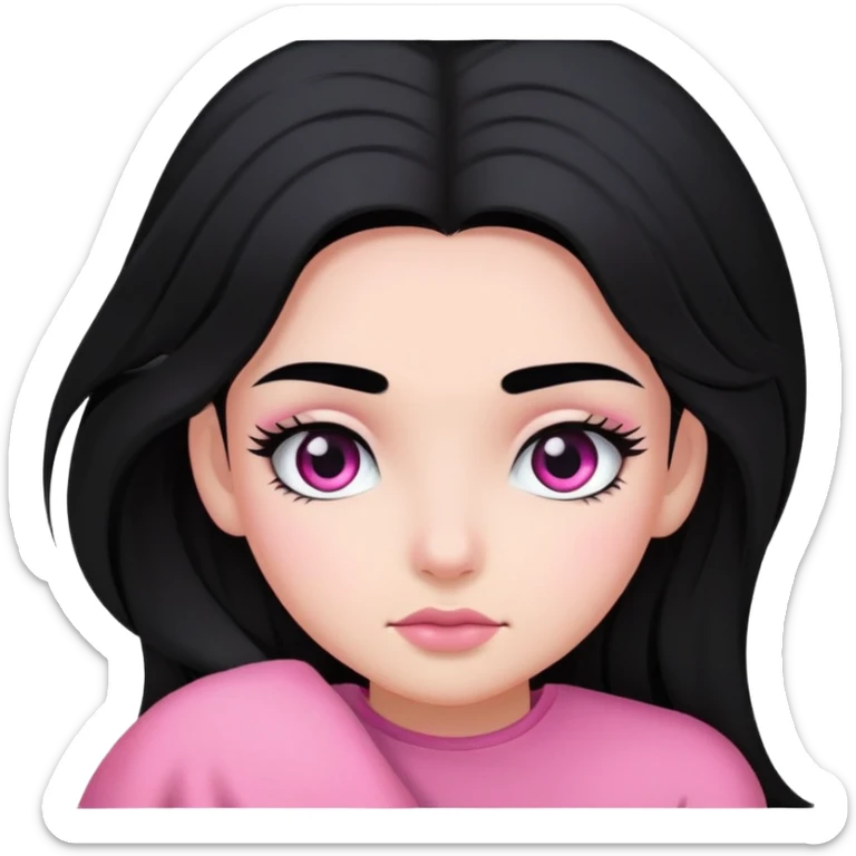 A girl with black hair, black eyes and eyebrows, relatively long hair, and a beautiful pink sticker