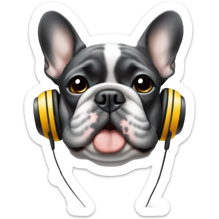 Grey hairs under chin Black less white Brindle French bulldog wearing headphones sticker