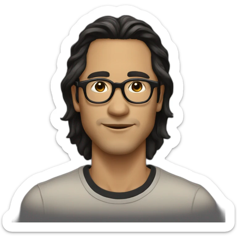 Beige guy, black eyes, black long wavy hair, no facial hair, thin long nose, round glasses, black t shirt sticker