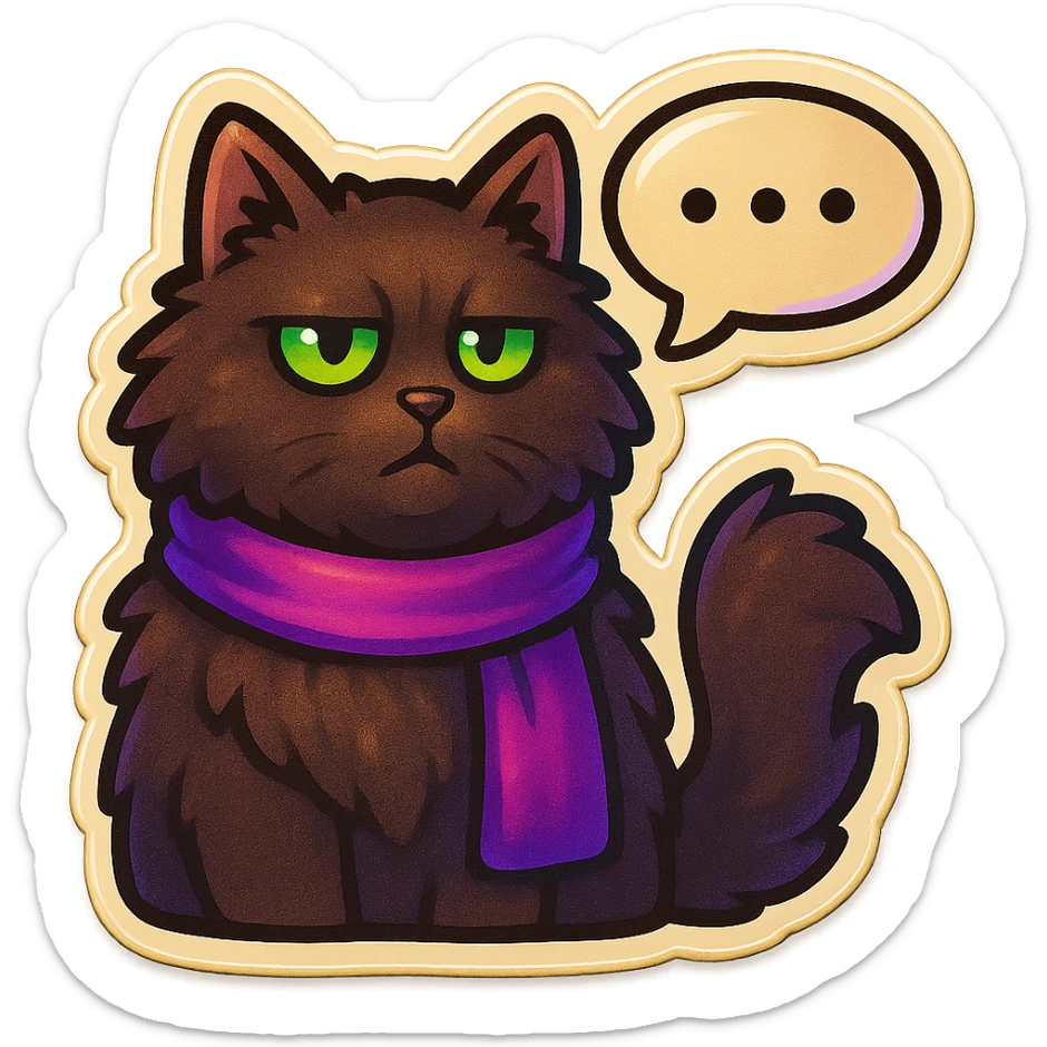 Fluffy dark-brown cat with green eyes and a purple scarf saying ‘…’ with a poker face (with a speech bubble) sticker
