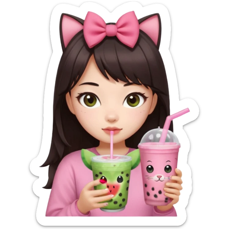 Pale asian girl with cat eyes big pupils with dark brown hair side bangs t the left and layered hair towards the inside with pink bow on hair and pink outfit holding a watermelon bubble tea sticker
