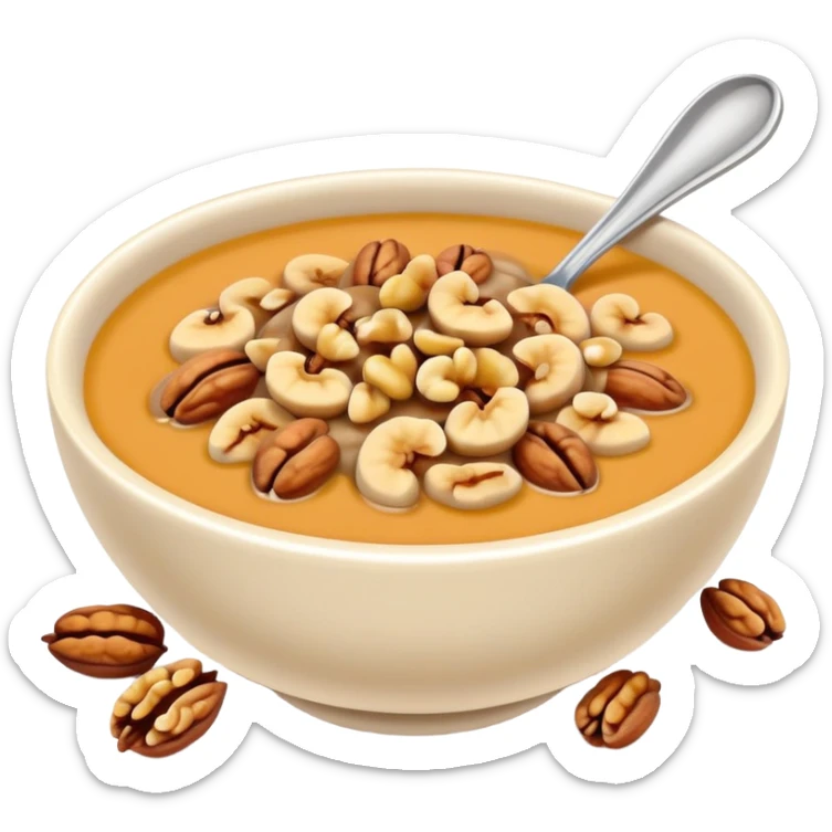 Walnut soup sweet dessert in bowl with nuts, simplified emoji style with bold outlines and bright colors, cartoon style Hetao Hu traditional sweet sticker