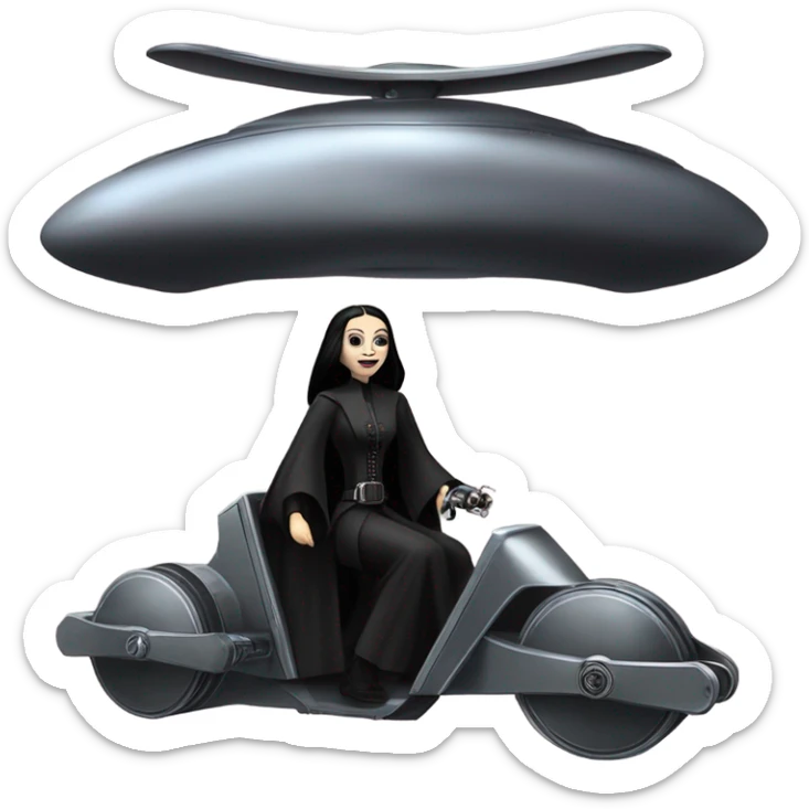 Jedi teen Morticia Addams flying a old Jumpspeeder anti-gravity repulsorlift powered by an imperial speeder steampunk  sticker