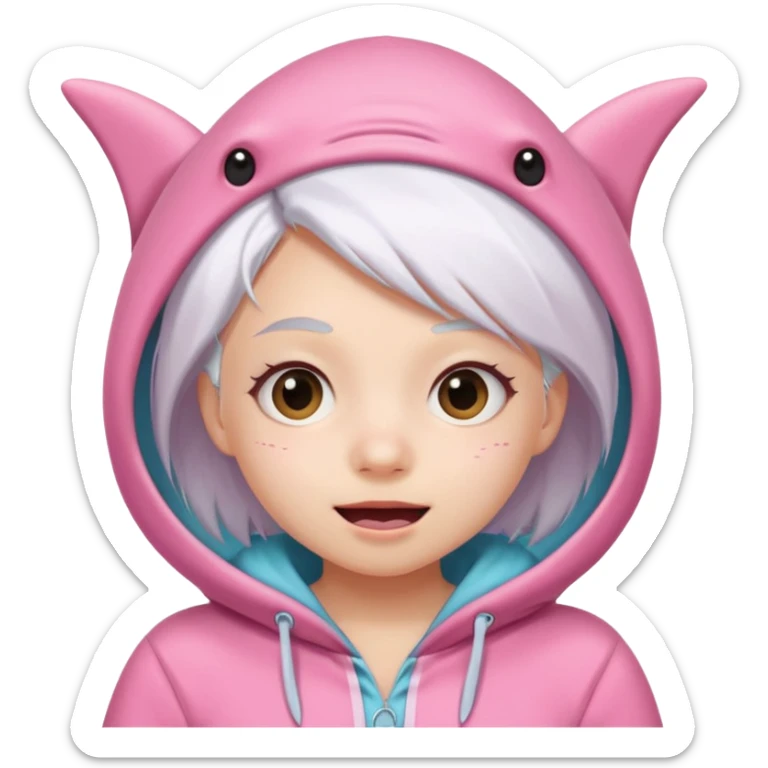 cute girl with white hair in a pink shark onesie, making a silly face sticker