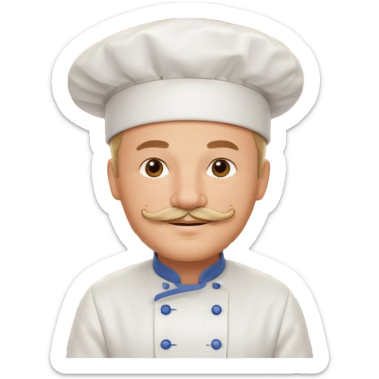 Est-ce que tu peux me faire un chef cuistot qui ressemble à Philippe Etchebest et qui est devant un restaurant? Est-ce que tu peux le faire souriant, avec une moustache de cuistot? 
 sticker