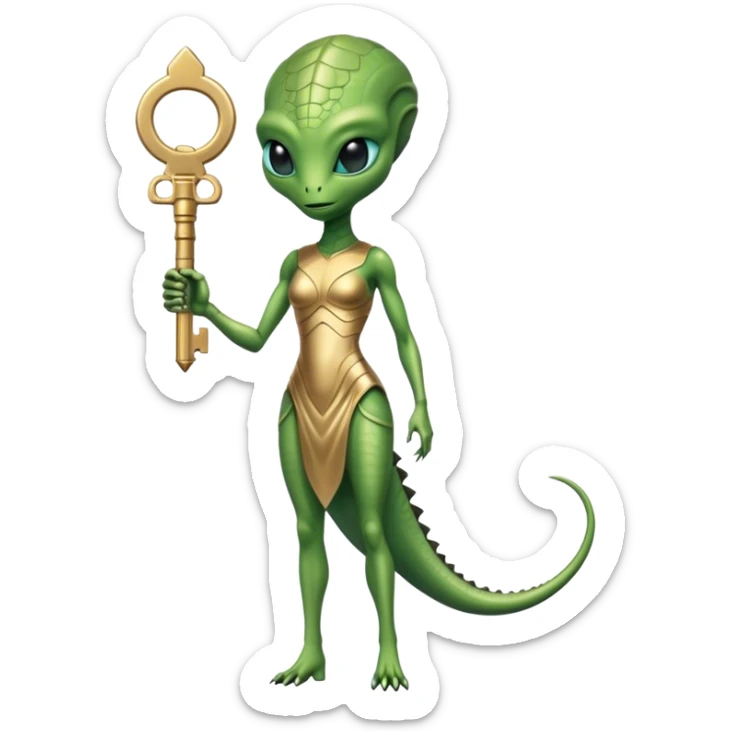 a reptilian alien woman full body, in gold dress, hold big key sticker