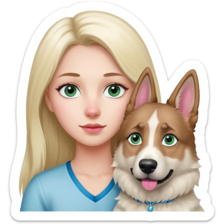 White European young woman with blue-green eyes and long blond hair with her white German Shepherd dog,the Dog has a pink nose and short fur  and Brown eyes sticker
