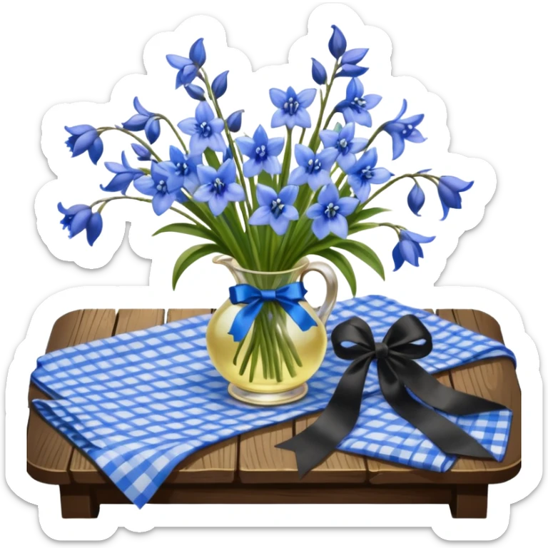 A lush bouquet of bright blue color bluebell black satin ribbon, resting on an antique wooden table, with a pale yellow and pink plaid pattern table cloth sticker