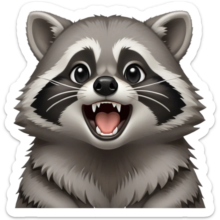 Cinematic-Noble- Yawning Raccoon-Portrait-Emoji – Poised and confident, wide-open yawn, revealing a soft grey with a sturdy build and a beautifully textured fur of silver-grey accented by dark black facial markings, deep-set, big black eyes, simplified yet sharp and sophisticated zoom out to show shoulders sticker