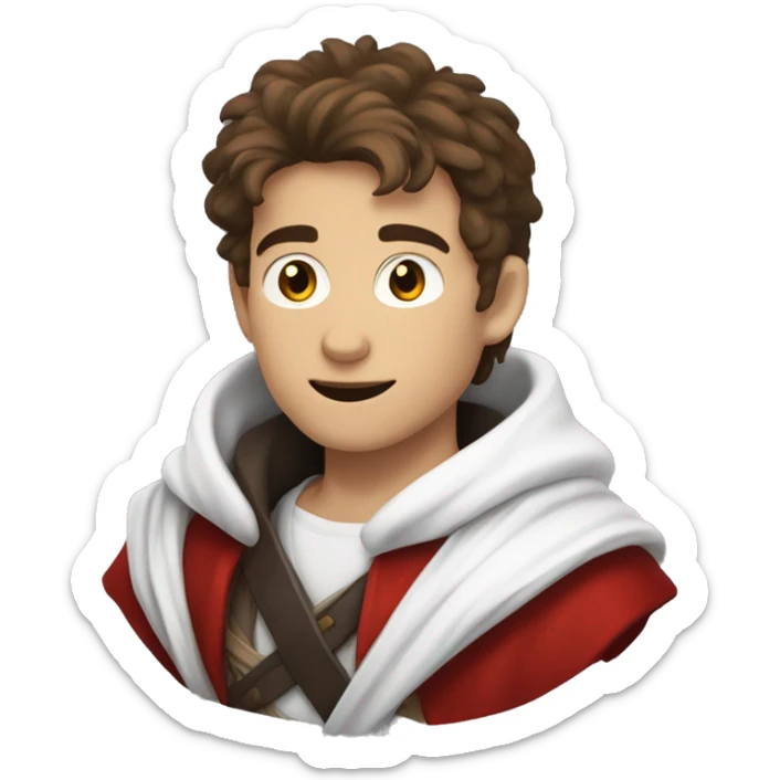 A young swordsman with messy brown hair wearing a red jacket/cloak with white fur overtop a white t-shirt, as well as a black scarf wrapped around his neck sticker