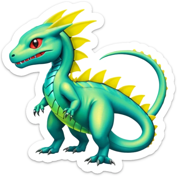 Cute Shiny neon-green cyan yellow iridescent Guilmon-Salandit-Fakémon-hybrid-creature (full body)  sticker