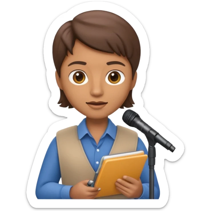 Apple Memoji-style 3D emoji of a journalist holding a microphone and notepad, smooth gradients, rounded shapes, no background. sticker