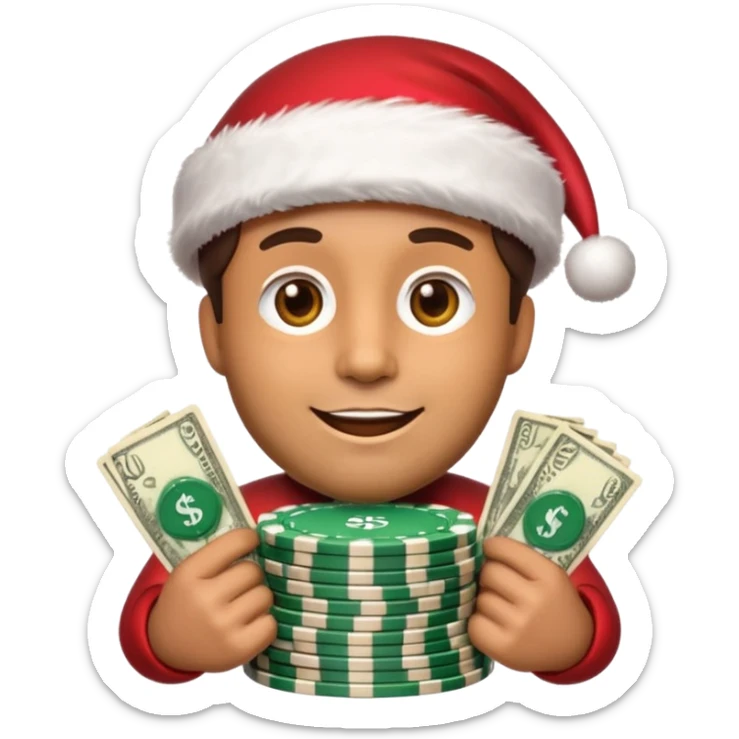 A confident rich emoji face wearing a Santa hat, money stacks, casino vibe, New Year theme, premium 3D emoji style, sharp details, no text, isolated on transparent background sticker