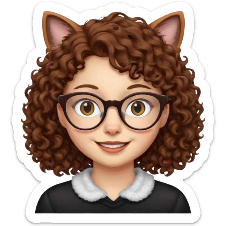 character with brown curly hair, doe eyes, white skin, cat eye glasses, smiling sticker