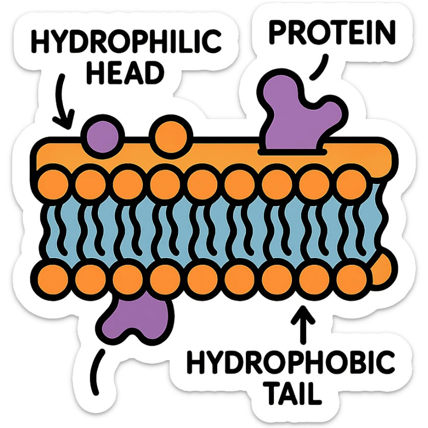 scientific diagram of biomembrane showing double phospholipid bilayer with hydrophilic heads and hydrophobic tails, embedded proteins, labeled components, clean and educational style sticker