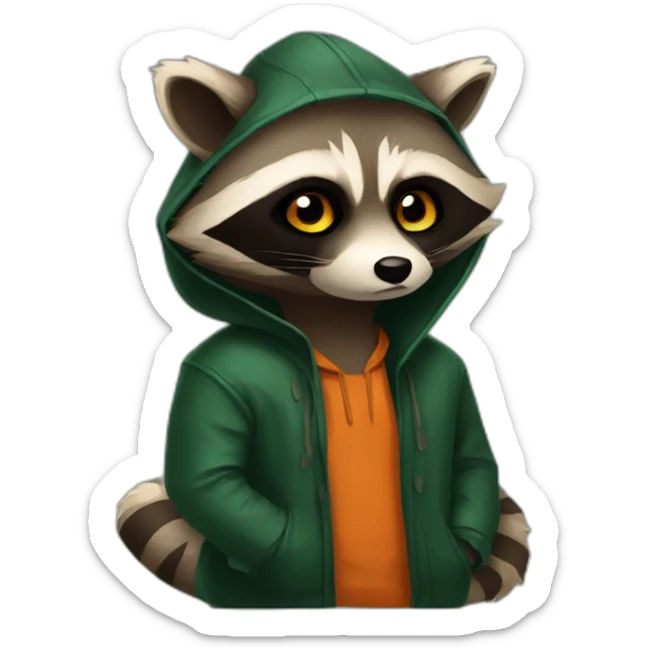 brown raccoon with orange eyes and a dark green hood that is sad sticker