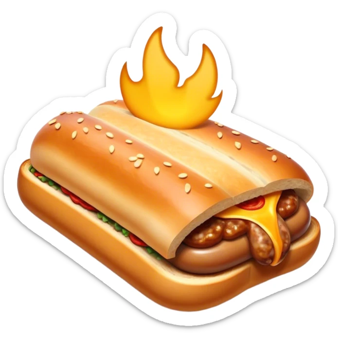 Sausage Sizzle Cinematic Realistic Sausage Sizzle Dish Emoji, depicted as a sizzling sausage tucked into a triangular slice of bread, rendered with rich textures and dynamic, warm lighting. sticker