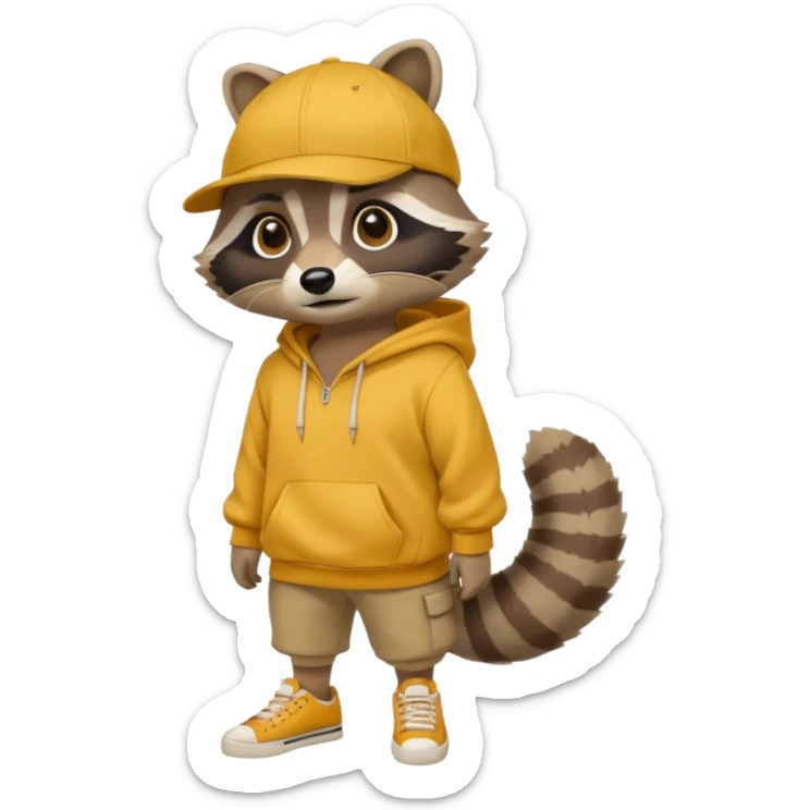 Crear ub mapache que sea solo dibujado con sudadera color mostaza y zapatillas + gorra sticker