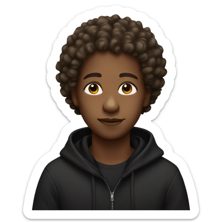 Brown skin person with curly hair and black hoodie  sticker