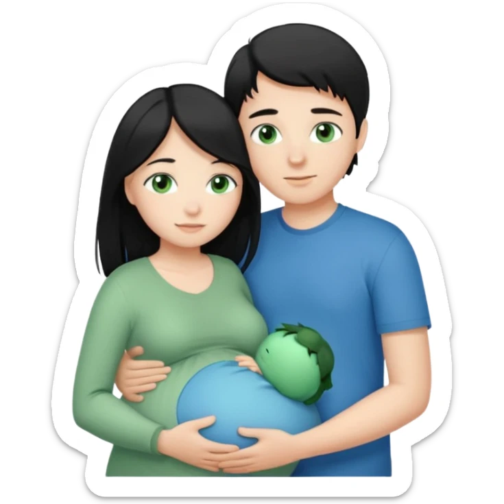 Make a couple hugging the girl is white with long black hair with blue eyes. The girl is hugging a boy with light brown short hair with green eyes. The boz is pregnant  sticker