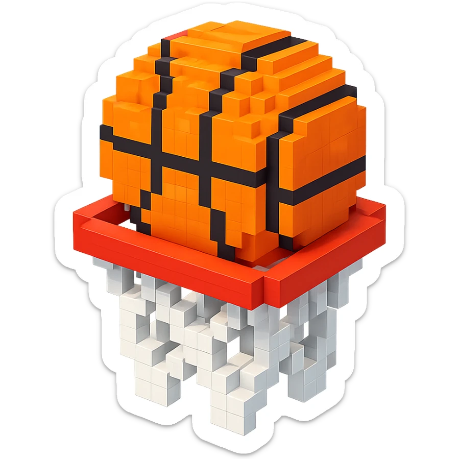 Voxel-style basketball in a net, no background, variation 7. sticker