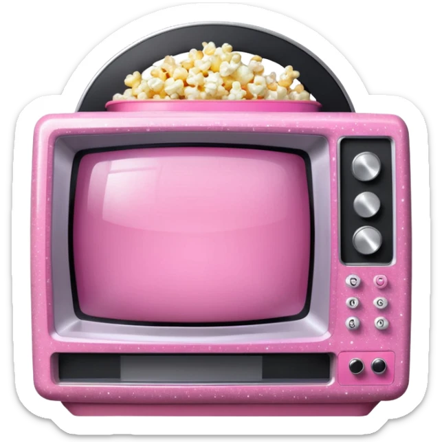 front view of transparent sparkly pink shiny CRT TV sitting on top of pink VCR, with pink/white rhinestone bucket of popcorn beside it sticker