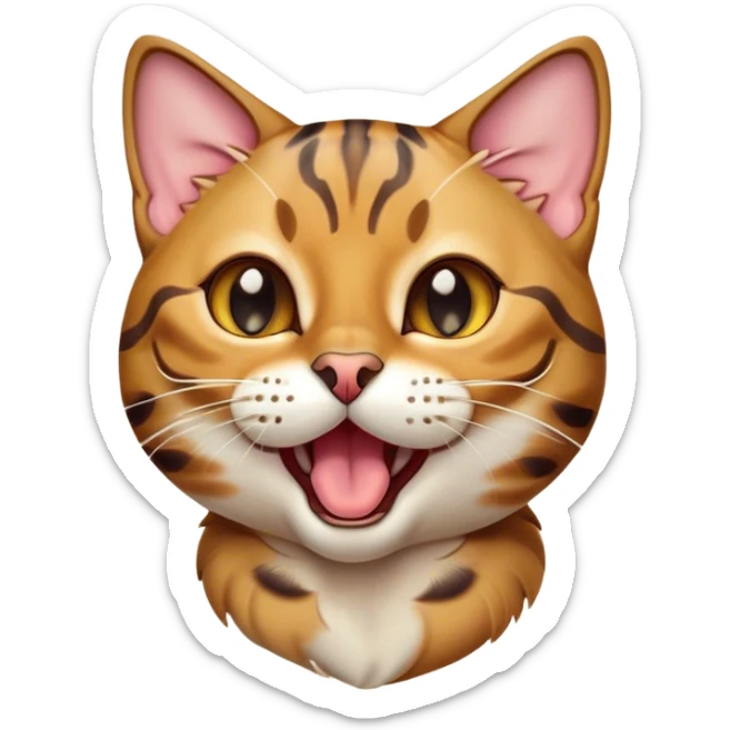 Cinematic Cute Bengal Cat Portrait Emoji, Head tilted playfully and yawning, sleek spotted brown and gold tones, Simplified yet adorable features, highly detailed, glowing with a warm, friendly glow, high shine, curious and affectionate, stylized with a touch of whimsy, bright and alert, soft glowing outline, capturing the essence of a mischievous yet loving kitten, so endearing it feels like it could leap out of the screen and stretch! sticker