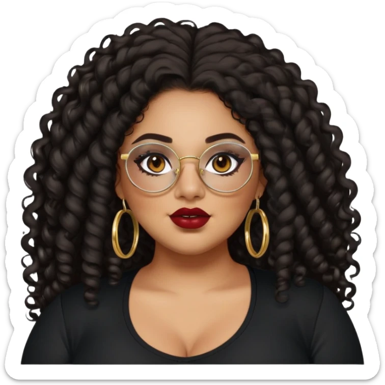 teen big plus size, latina, darker tan skin, gold hoops, long black curly hair, baddie,pretty, makeup, dark red lipgloss, black eyeliner, long hair, black shirt, BLACK glasses sticker