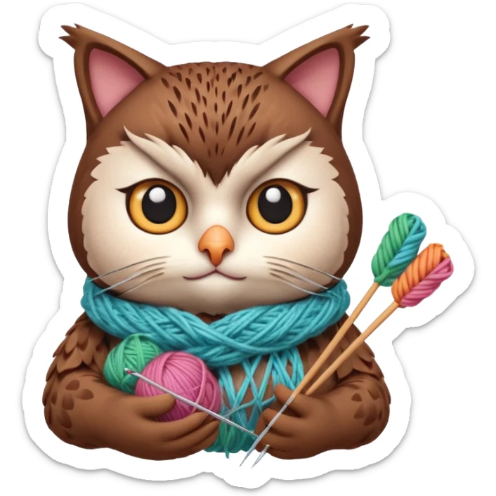 knitting owl portrait, head and shoulders only, cute cat holding knitting needles and yarn, cozy expression, warm handmade vibe, soft feathers, 3D cartoon style, mobile game icon style, clean background, no text, no watermark
 sticker