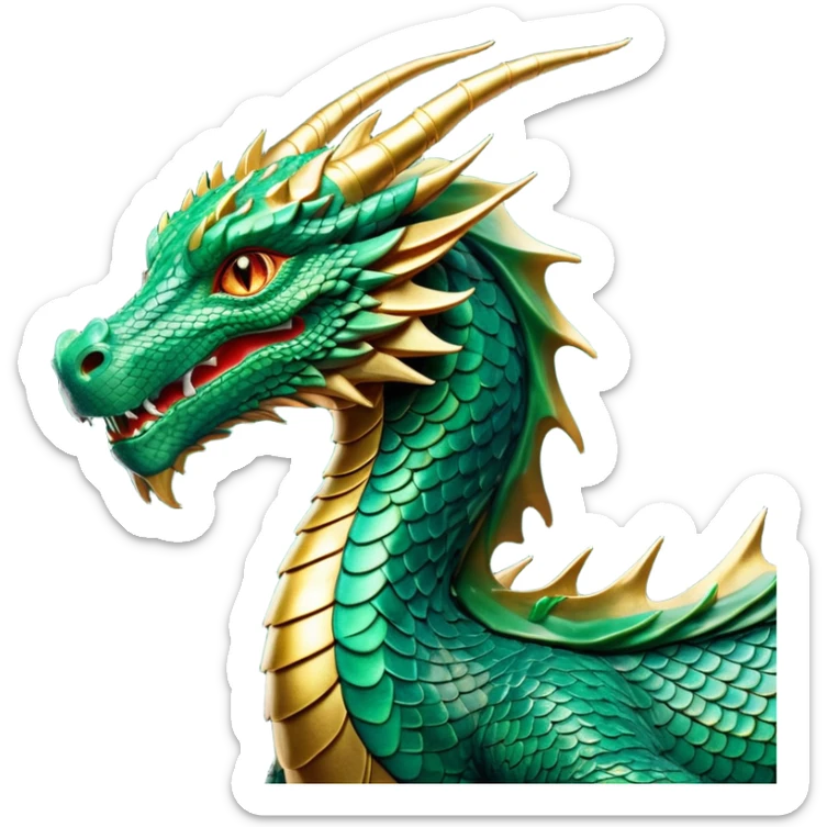 cinematic-noble-dragon-portrait-emoji,-poised-and-majestic,-with-a-sinuous,-elongated-body-covered-in-intricately-detailed,-shimmering-scales-in-hues-of-emerald-and-gold,-and-piercing,-fiery-eyes-that-reflect-ancient-wisdom; sticker
