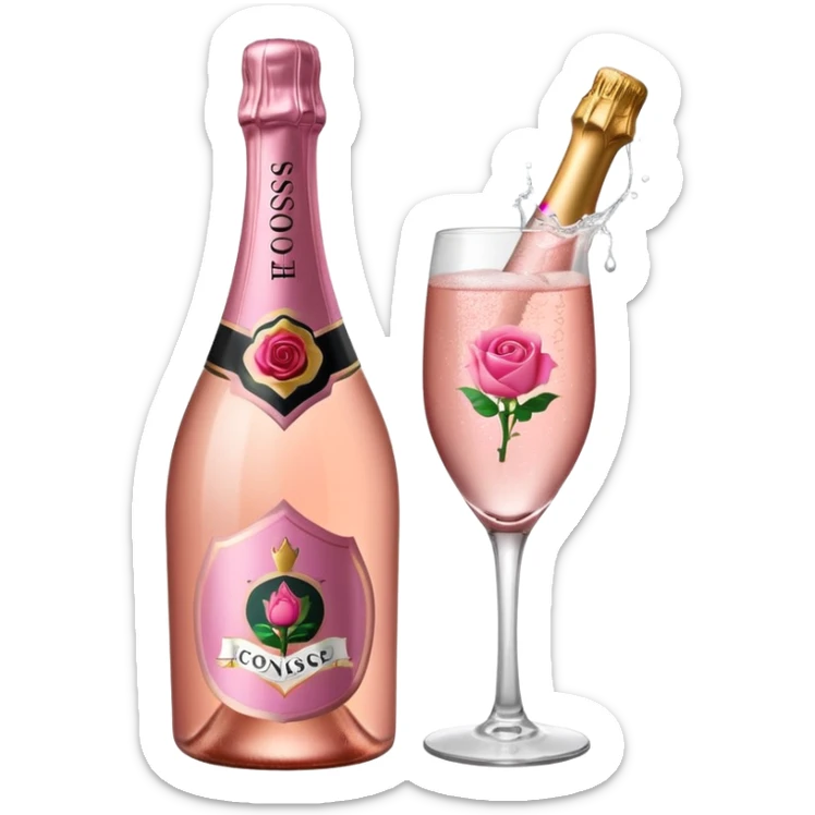 bottle of sparkling rose champagne tilted up and to the right, with a rose logo, no glass sticker