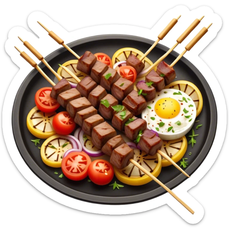 Cinematic Realistic Souvlaki Dish Emoji, showcasing skewered, grilled meat with Mediterranean spices rendered with dynamic textures and warm, appetizing lighting. sticker