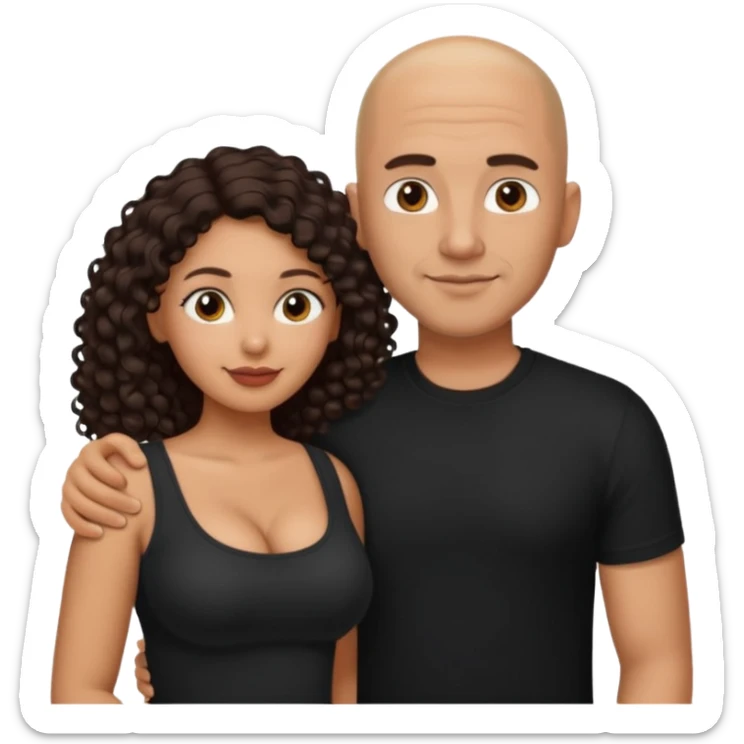 A picture of a tanned couple with the man's arm around her. the man is a Mexican man with tanned skin, a bald hair cut, short beard and wearing a black shirt. the woman is mixed, with long curly dark brown hair and with big boobs  sticker