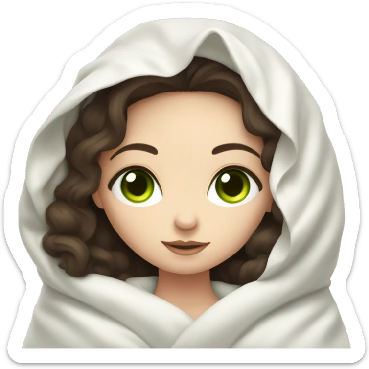 Pale Girl with dark brown hair  and green eyes laying down cozy in a white blanket sticker