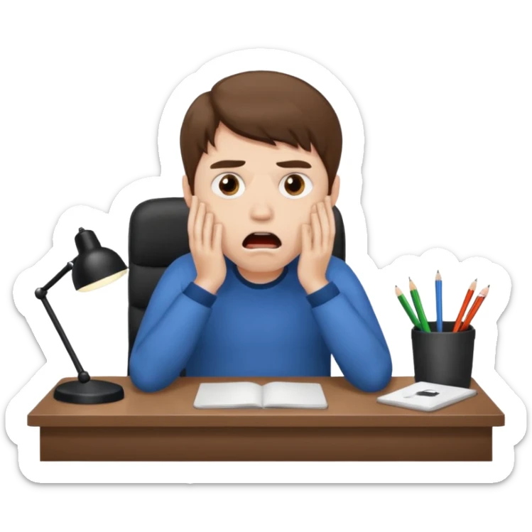 A white man with brown hairs, white skin,   sits at his desk in shock sticker