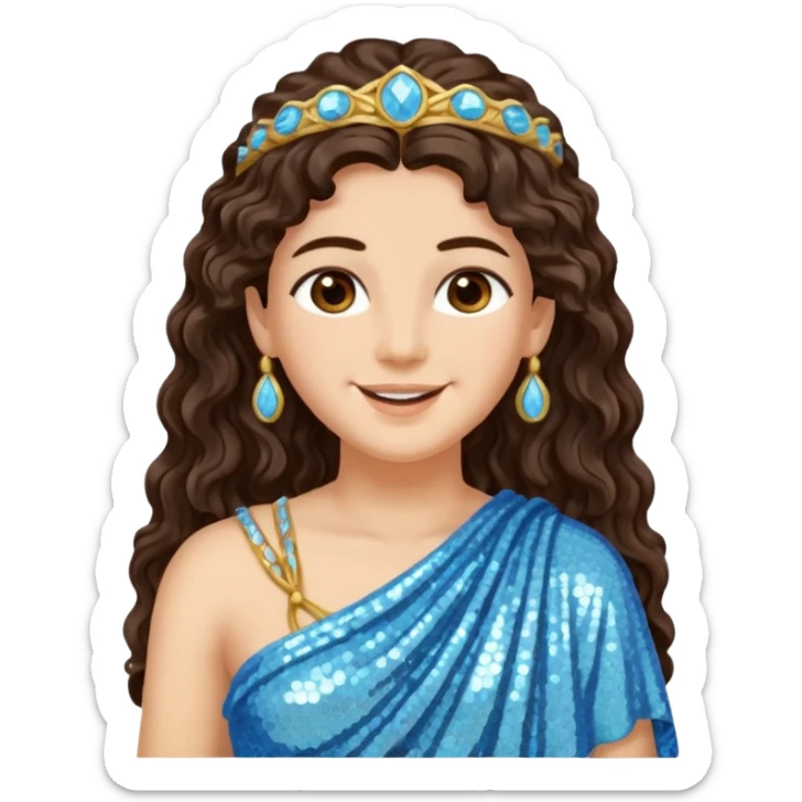 Minerva, Goddess of Wisdom from Roman Deities with long dark brown wavy hair, light blue sequin toga sticker