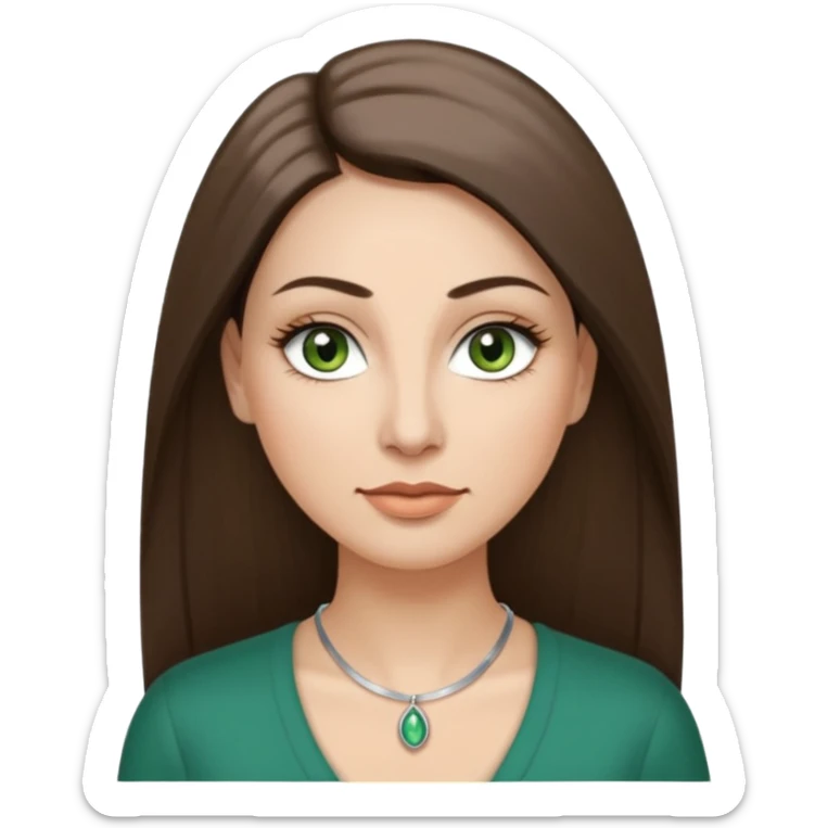 40 year old Adult woman avatar, light skin tone, oval face, long straight ashy brown hair, green almond-shaped eyes with dramatic eyelashes and minimal eyeliner, neutral mouth, medium straight eyebrows, small nose, smooth skin sticker