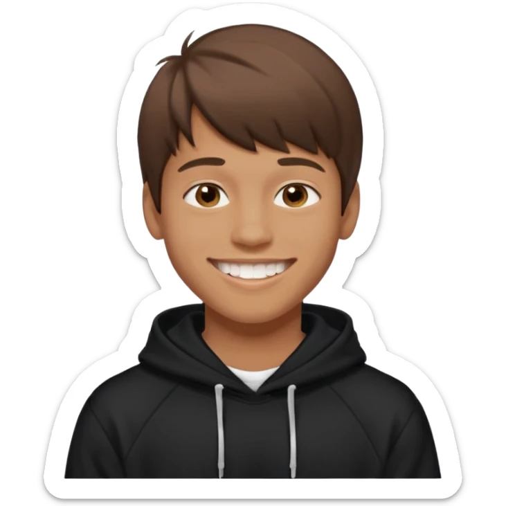 20 yr old man, brown hair, straight, big smile, white teeth, tanned skin, bangs, black hooded sweatshirt sticker