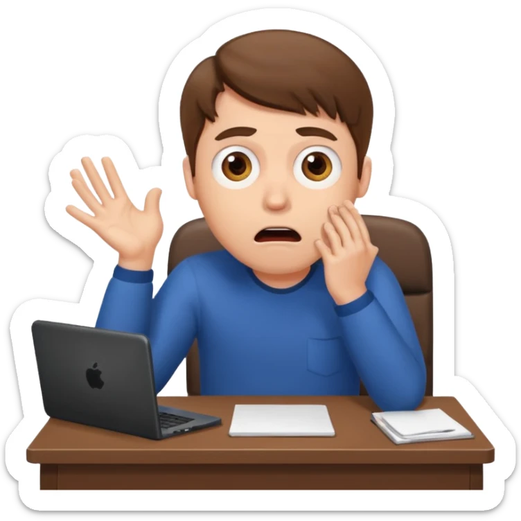 A white man with brown hairs, white skin,  sits at his desk in shock sticker